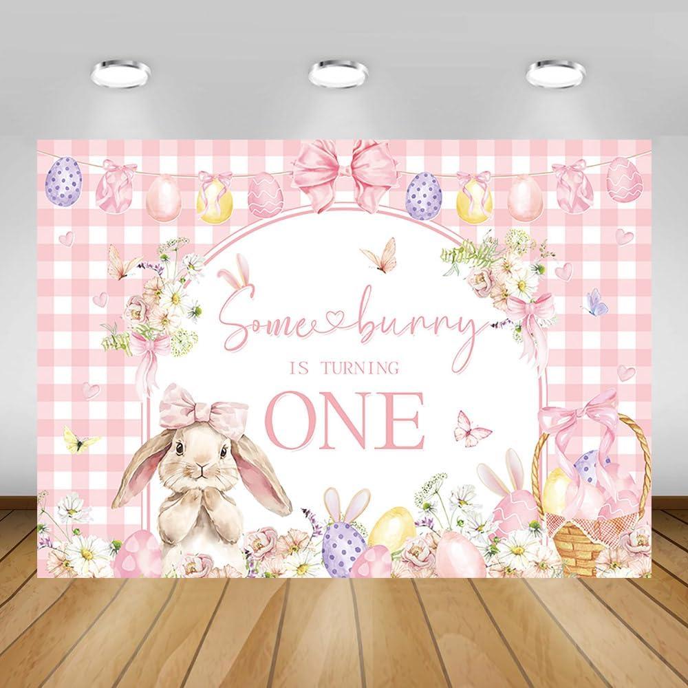 AIBIIN 7x5ft Bunny 1st Birthday Backdrop for Girl Coquette Some Bunny is Turning One Photography Background Easter 1st Bday Party Decorations