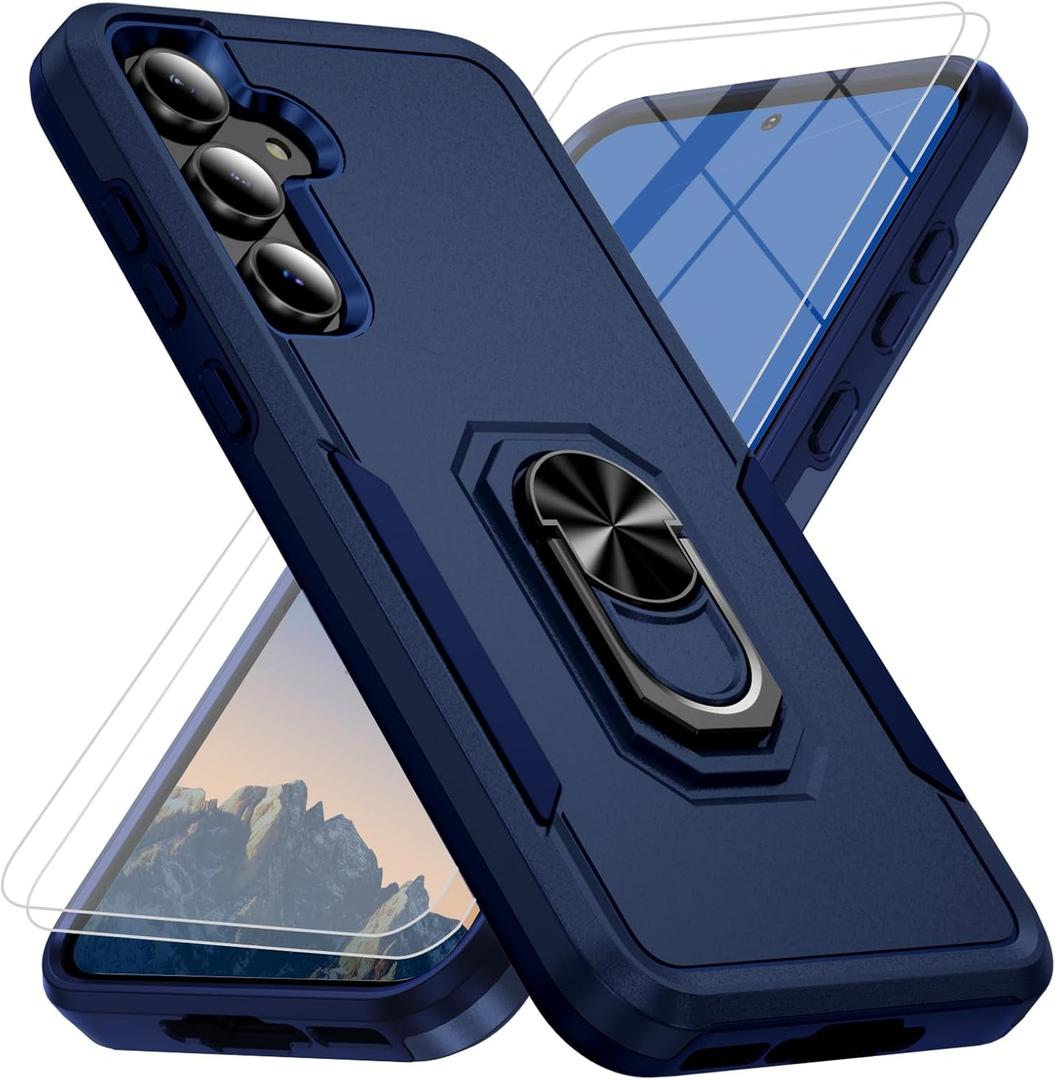 Phone Case for Samsung Galaxy S25 FE [15 FT Military-Grade Drop Protection] with 2X Tempered Glass Screen Protector, Heavy-Duty Shockproof Kickstand Phone Case (Dark Blue)