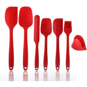 Silicone Spatula, Set 6 pcs, Mixing High Heat Resistant Non Stick, with Stainless Steel Core for Baking, Cooking, Dishwasher Safe BPA Free, with Bonus mini rubber oven gloves (Red)