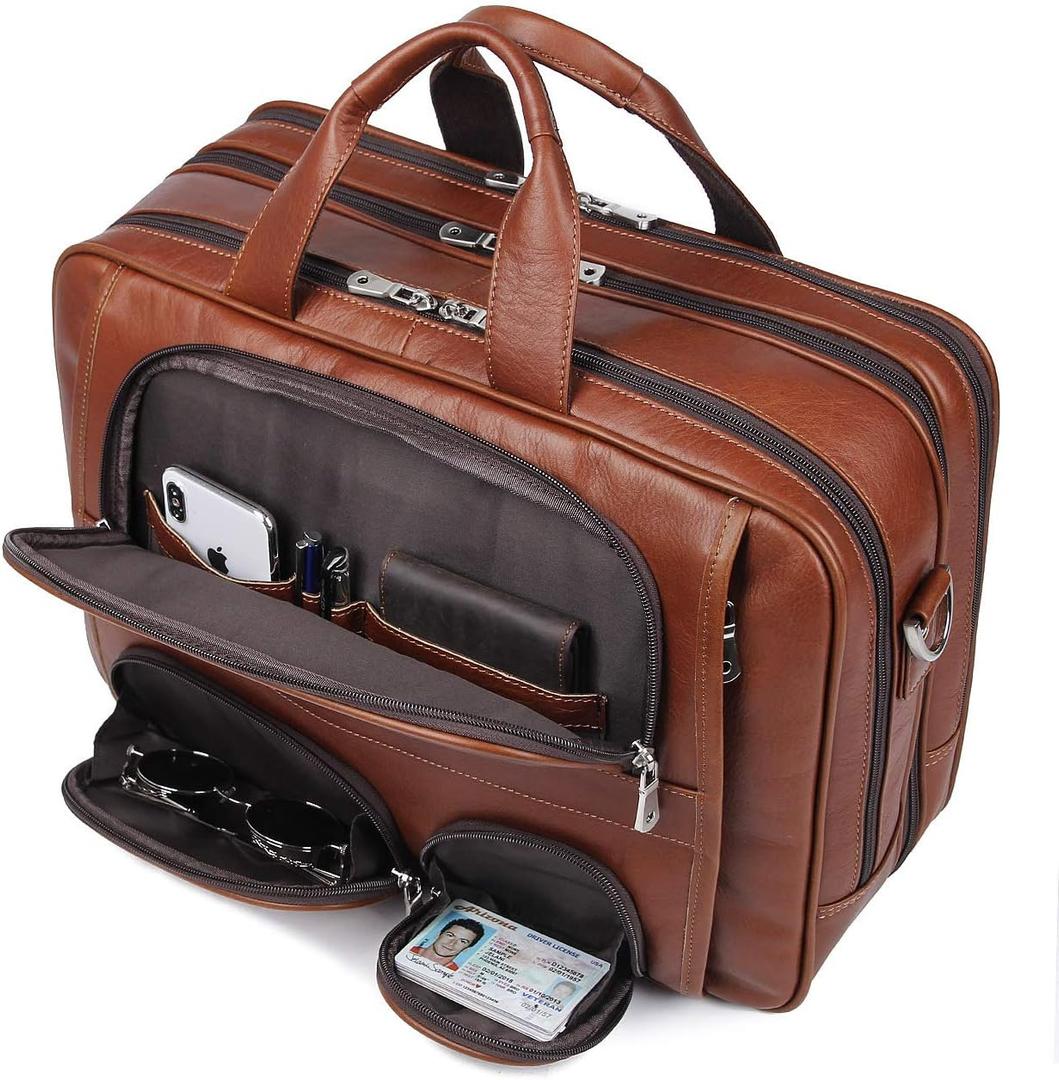 Augus Business Travel Briefcase Genuine Leather Duffel Bags for Men Laptop Bag fits 15.6 inches Laptop (Light Brown)