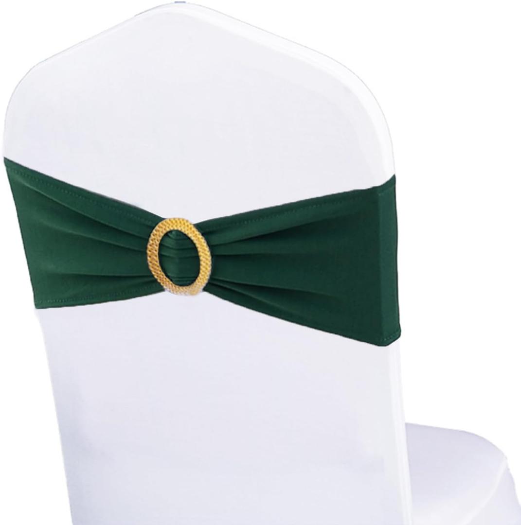 Pack of 50 Spandex Hunter Green Chair Sashes with Gold Buckles, Stretch Chairs Sashes for Wedding Party Baby Shower Decor Chair Bands Bows (Hunter Green Sashes, Gold Buckles)