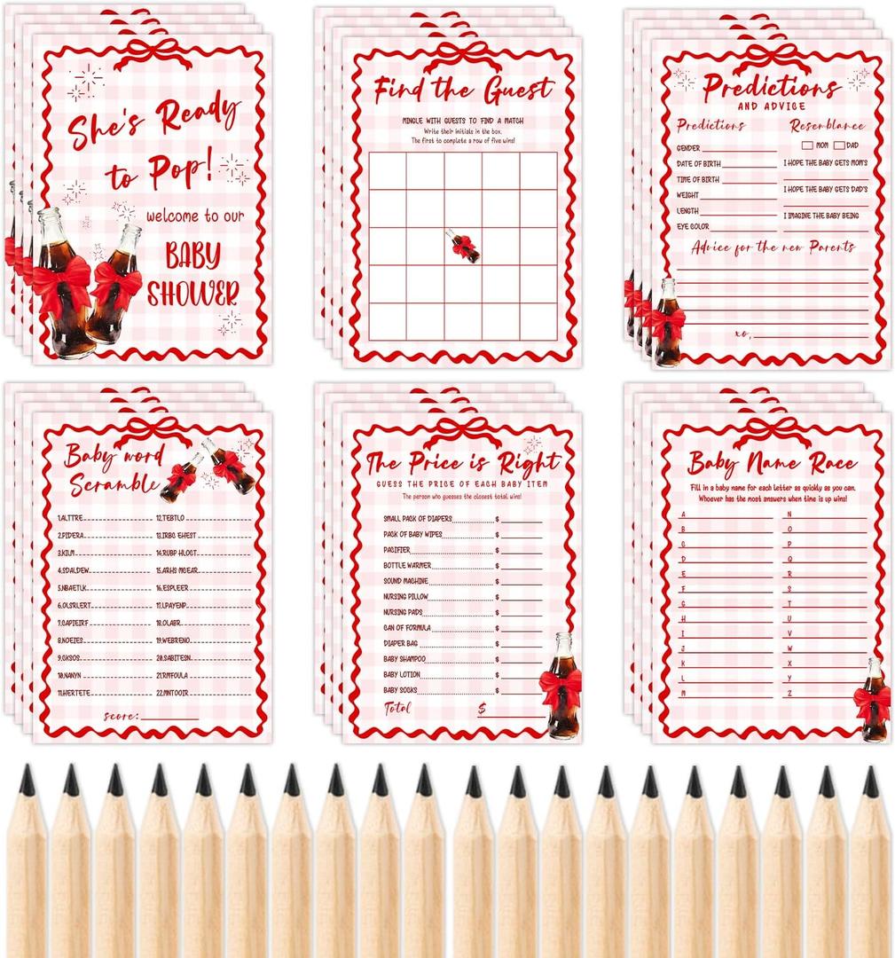 Shes Ready to Pop Baby Shower Games Bundle, 111 Pcs Soda Pop Theme Set with 5 Games, 90 Cards, 20 Pencils and 1 Answer Cards, Pink Gingham and Bow Decor for Gender Reveal, Party Supplies
