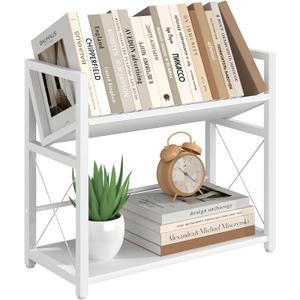ELITEROO Desktop Bookshelf Organizer, 2 Tier Wood Desk Shelf for Tabletop Storage, Small Book Rack for Office, Home, or Study, Mini Bookcase for Book Display, Decor, and Supplies, White