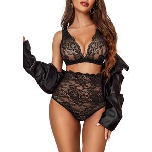Avidlove Sexy Lingerie for Women High Waist Bra and Panty Set Strappy Babydoll Bodysuit (Size XX-Large, Black)