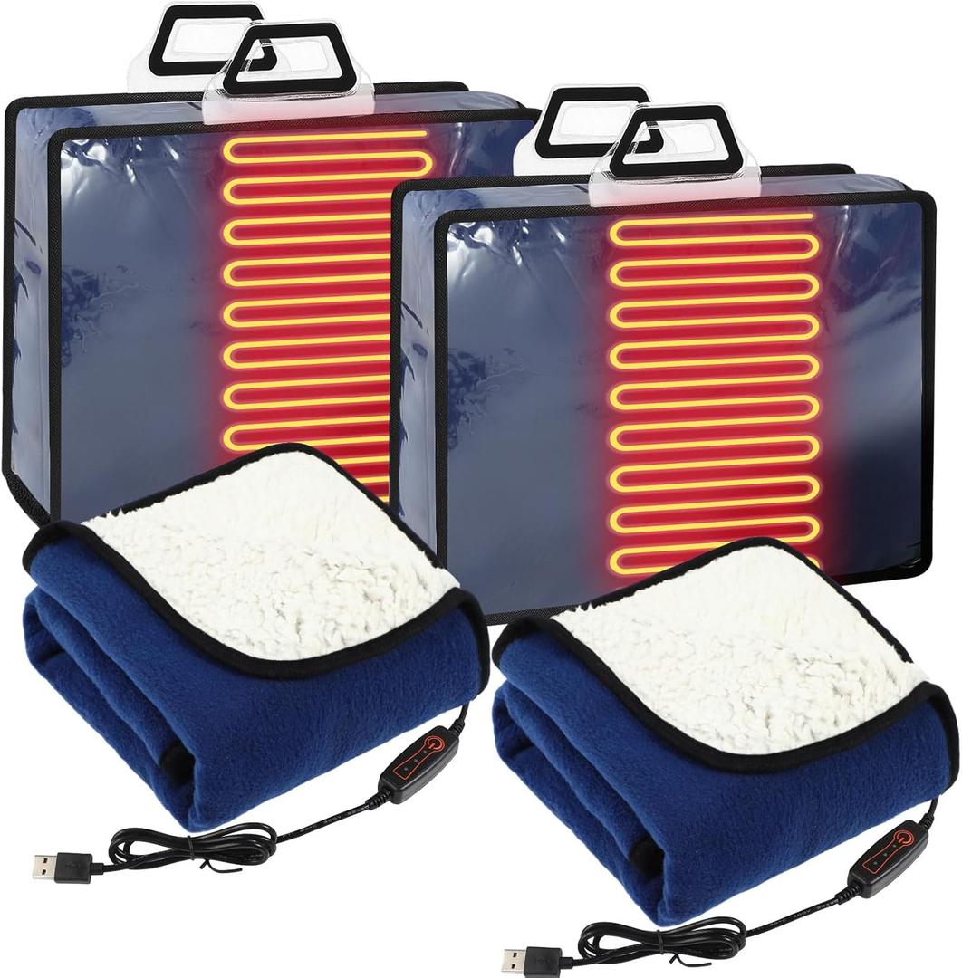 Tuanse 2 Pcs USB Heated Blanket 25"x35" Small Portable 5v 3 Setting Electric Blanket with Timer and Temperature Controller Winter Wearable Recharge Throw for Travel Home(Navy Blue)