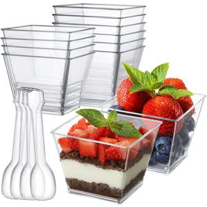 3.8 oz Plastic Dessert Cups with Spoons 50 Pack, Clear Square Mini Dessert Cups Appetizer Cups Parfait Cups Tumbler Cups for Mousse Puddings, Party Supplies