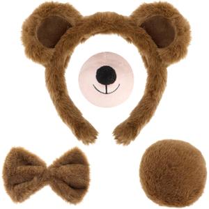 4 Pieces Bear Costume Set Bear Ears Headband and Tail Nose Bowtie for Halloween Carnival Animal Cosplay Party (Brown)
