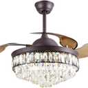 42 inch Crystal Ceiling Fan with Lights and Remote Control Brown Finish, Modern Chandeliers Ceiling Fans with Retractable Blade 3 Color 3 Speed LED Fandelier for Dining Room Living Room