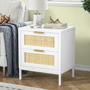 Giluta Farmhouse White nightstands with 2 Drawers, Natural Rattan Night Stand, White Bedside Table for Bedroom