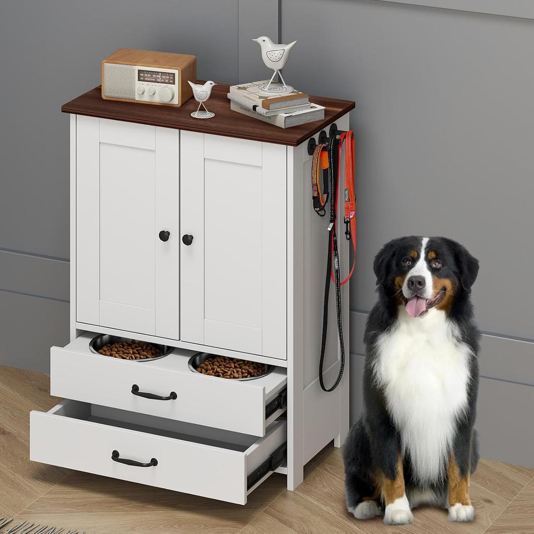 Rovibek Dog Feeding Station with Elevated Dog Bowls with Storage Drawers Pet Storage Cabinet and Pet Feeding Station with Leash Hooks, Pet Organizers for Food & Supplies, White ( 23.6 x 13.8 x 31.5 inches)