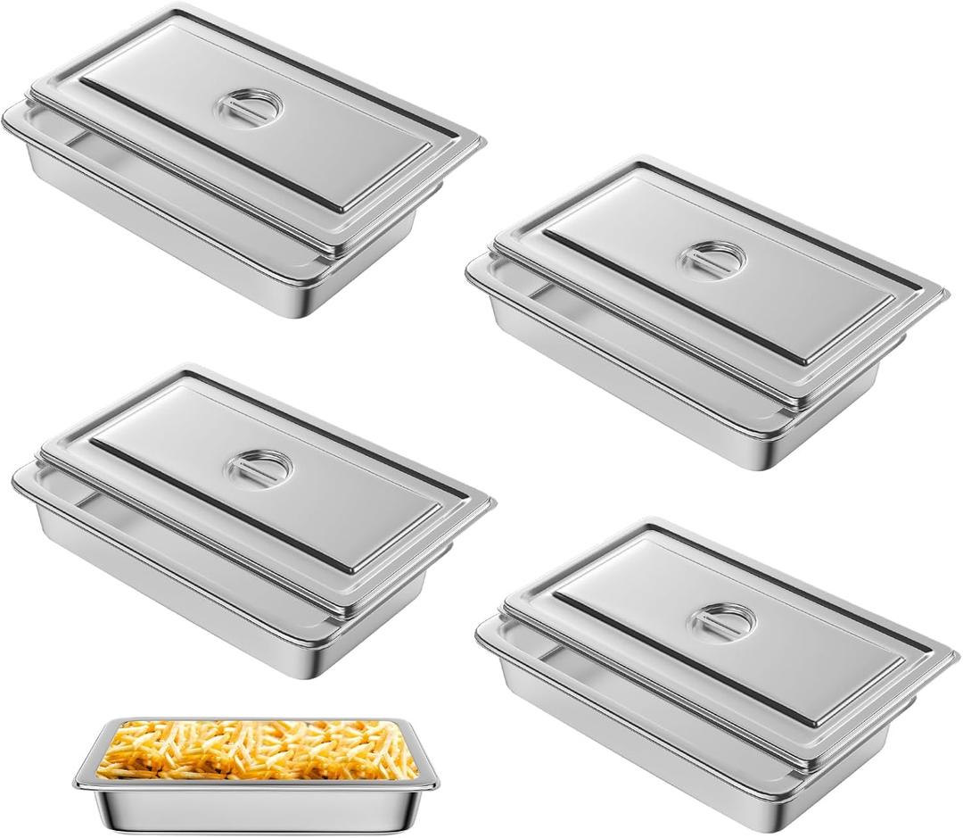 Hotel Pan, Full Size Steam Table Pan 4" Deep Stainless Steam Table Pan with Lid Full Size Food Pan 20.8" L x 13" W Anti Jam Stainless Steel Buffet Pan Commercial Stainless Steel Pan (4 Pack)
