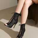 Womens Lace Up Dance Heels Open Toe Mesh Sparkling Sequin Booties Peep Toe Stiletto High Heel Dance Shoes, Size 39 (Black)