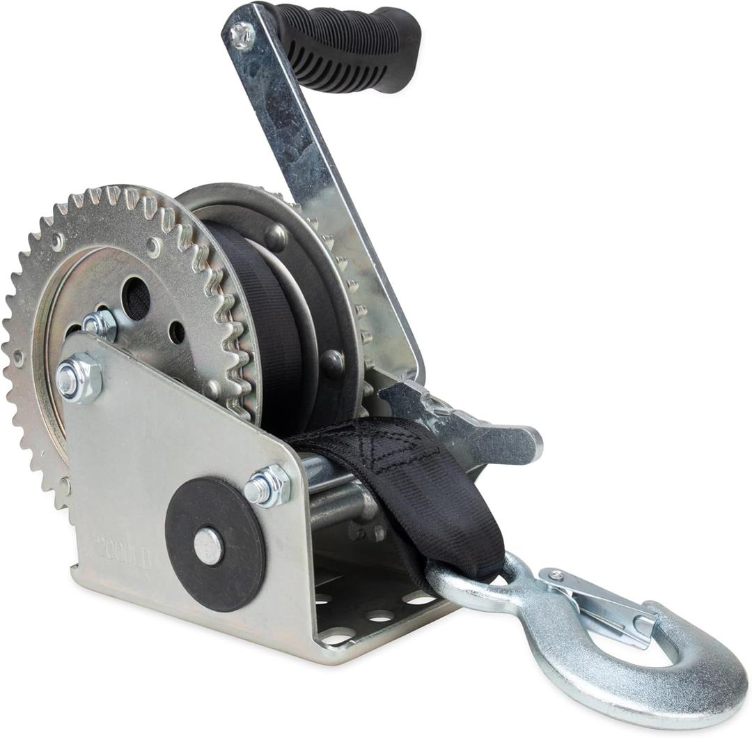 Camco 2000lb Boat Trailer Winch - Manual Hand Crank Boat Winch Features 20-Foot Strap & 2-Way Ratchet - 2,000lb Weight Capacity - Boat Trailer Accessories (50000)