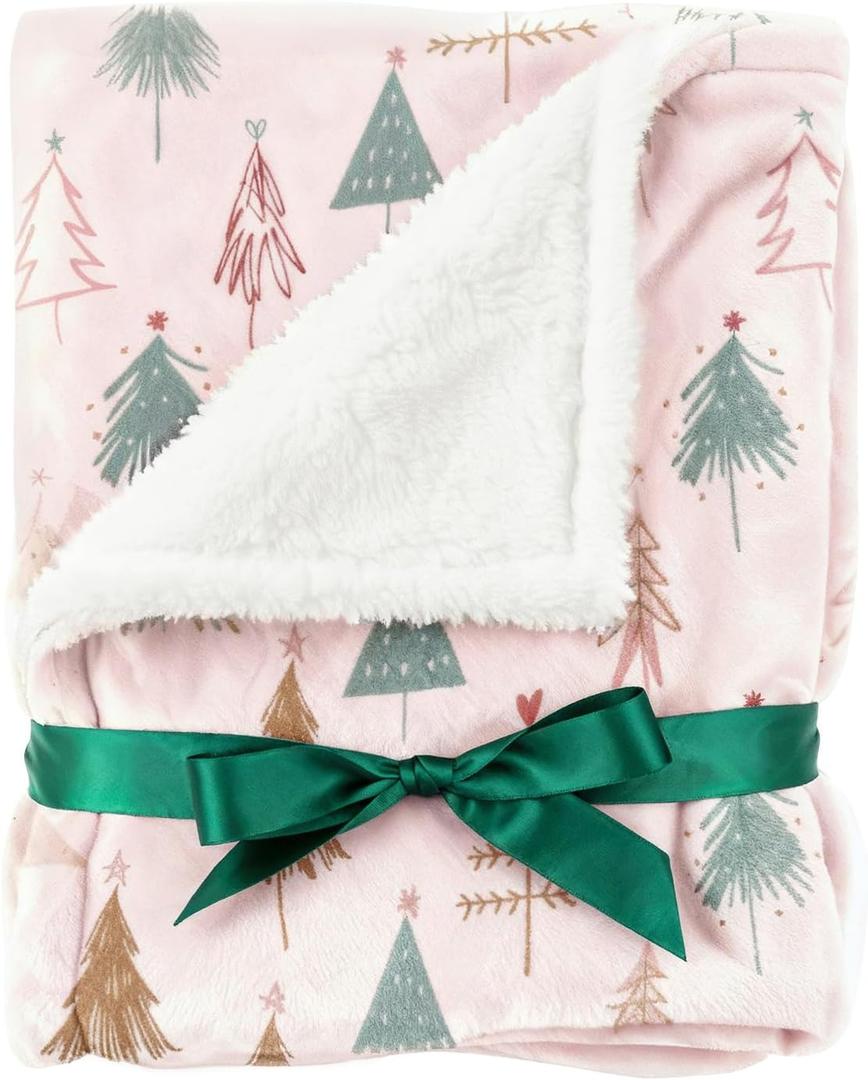 Christmas Sherpa Blanket Throw Size - Reversible Sherpa Fleece Blanket - Super Soft Double Sided Throw for Bed, Sofa, Couch - Thick, Cozy & Plush - Xmas Winter Bedding - Christmas Trees, Pink, 50x60