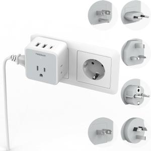 TESSAN Universal Travel Adapter Kit, 6-in-1 International Power Adapter with 3 USB (1 USB C) and 3 AC Outlets, Wordwide Adaptor Supports Type C, G, E/F, I, A, B for US EU UK Australia Japan, Grey