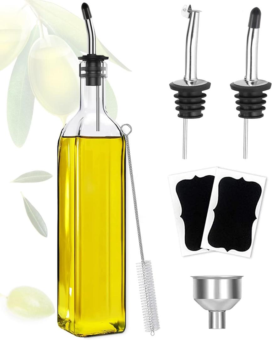 Showvigor Olive Oil Dispenser, 17oz/500ml Square Tall Glass Container With 2 Stainless Steel Pourers, 2 Labels, 1 Brush and 1 Funnel for Kitchen