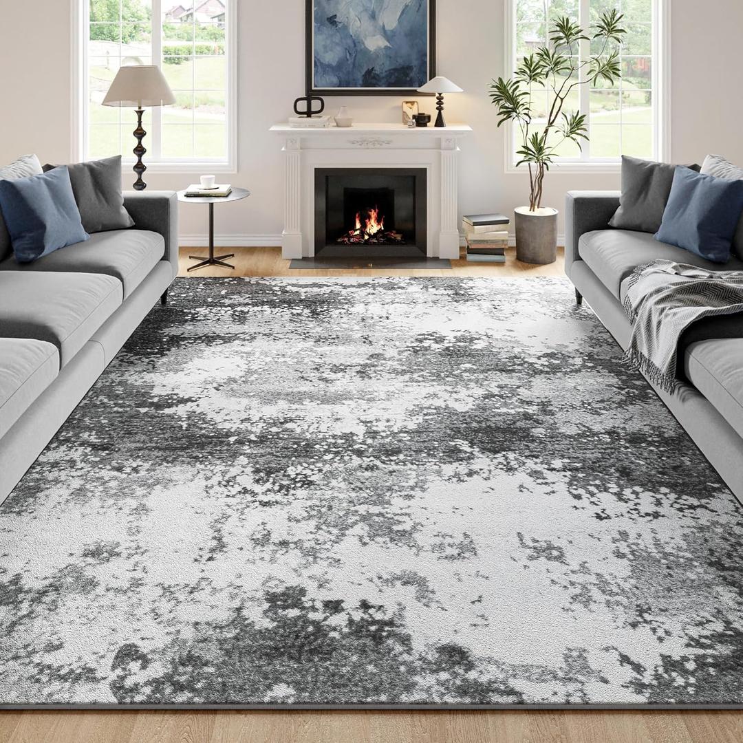 Washable Rug 8x10 Area Rugs for Living Room Bedroom Carpet, Grey Indoor Vintage Abstract Boho Large Rug Non Slip Faux Wool Rugs for Dorm, Dining Room Table, Nursery, Kids Playroom, Gray