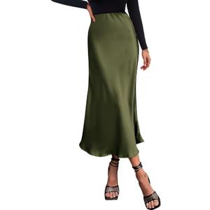 BTFBM 2025 Womens Summer Fall Long Satin Skirt Silk Elegant High Waist Cocktail Party Wedding Flowy A-Line Midi Skirts (Light Army Green) L