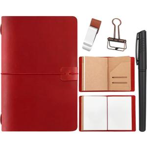 Thenshop Travelers Refillable Leather Journal Notebook Travel Diary Handmade Passport Travelers Journal for Men and Women with 3 Notebook Inserts, Pen Holder, Binder Clip(Wine Red,A5 Size)