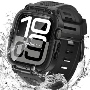 Goton 3 in 1 Waterproof Case with Band for Apple Watch with Built-in Tempered Glass Screen Protector 46mm, 360 Shockproof Bumper Face Cover with Band for Apple Watch Series 11 Series 10, 46mm (Black)