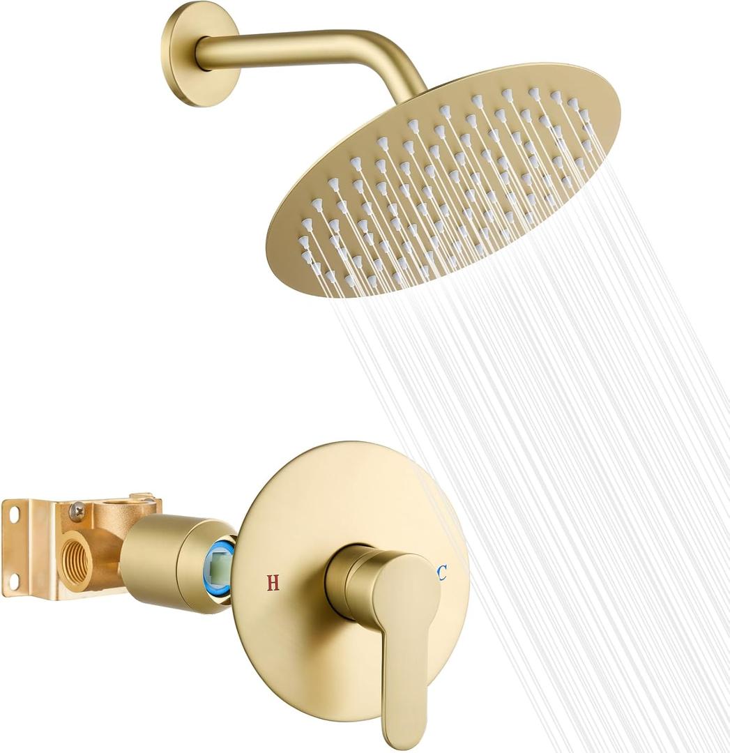 Shower 8 Inch Head and Handle Set Round Shower Faucet Set Bathroom Rainfall Shower System Stainless Steel Showerhead Single Function Shower Trim Kit, Female Thread Valve, Brushed Gold
