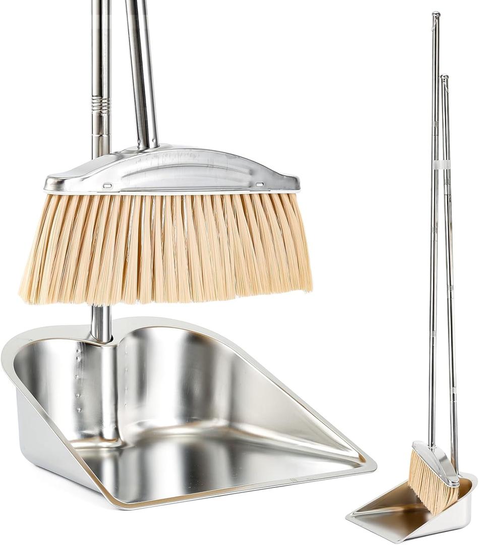 VOOWO Broom with Dustpan Combo Set, 46" Stainless Steel Broom and Dustpan Set for Home, Heavy Duty Dust Pan with Long Handle, Broom for Sweeping Indoor and Outdoor, Kitchen Broom and Dust Pan (Khaki)