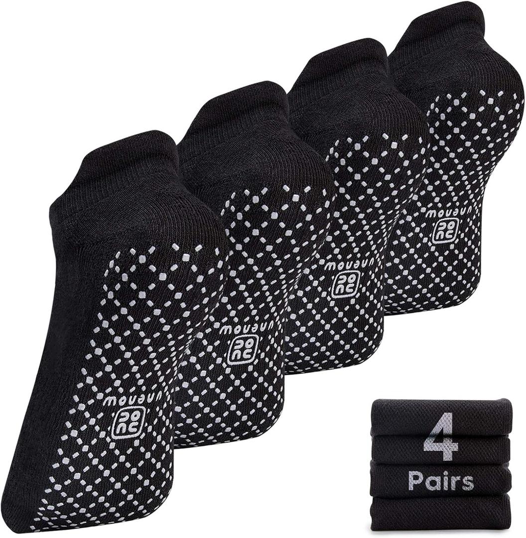 unenow Unisex Non Slip Grip Socks with Cushion for Yoga Pilates Barre Home & Hospital (Large, 4 Pairs-4 Pairs of Black)