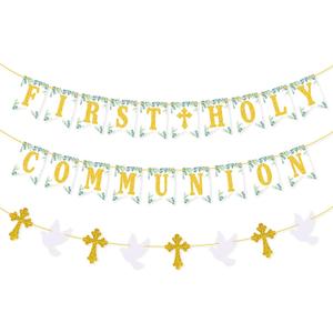 First Holy Communion Banner Cross Dove Garland for Holy First Communion Party Dcor God Bless Christening Boy Girls Baptism Decorations