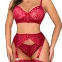 SNATROY Women's Lingerie Lace Sexy Bra and Panty Sets Two Piece Garter Lingerie Set Boudoir Outfits (Wine Red, XX-Large)
