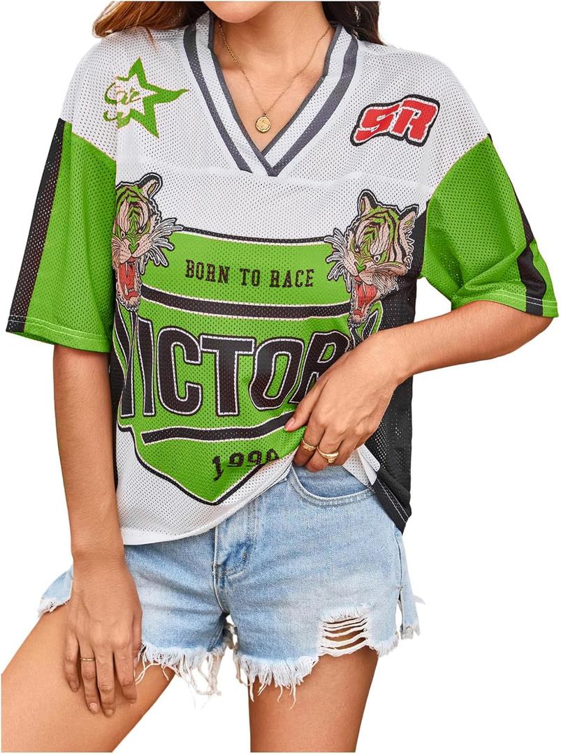 Women's Number Print Mesh Jersey Shirt Color Block V Neck Short Sleeve Football T-Shirt (XL)