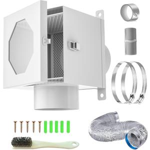 Dryer Duct Lint Trap, Metal Indoor Dryer Vent Kit- Airtight Filter Box with 4" 5FT Flexible Dryer Vent Duct Hose, Clamps & Brush for Laundry Room Exhaust Vent