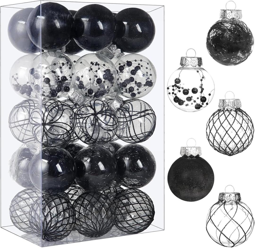Clear Christmas Ball Ornaments, 30ct Shatterproof Xmas Ball Decorations 2.36" for Halloween Christmas Party (Black)