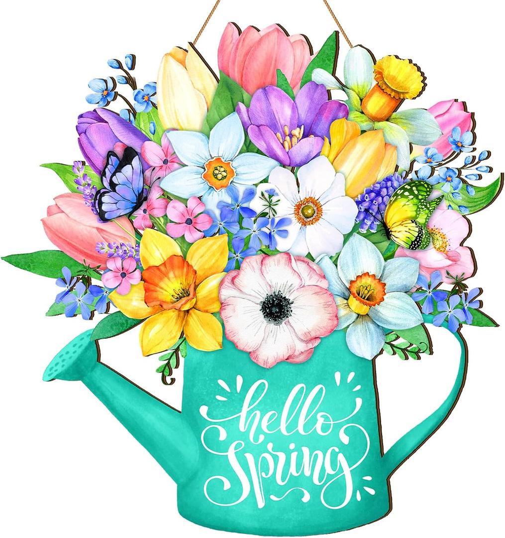 Spring Door Decor Happy Spring Sign 11.81 x 11.81 Inch Flower Welcome Wreaths for Front Door Rustic Wooden Decorations for Easter Party Home Outdoor Indoor Decor