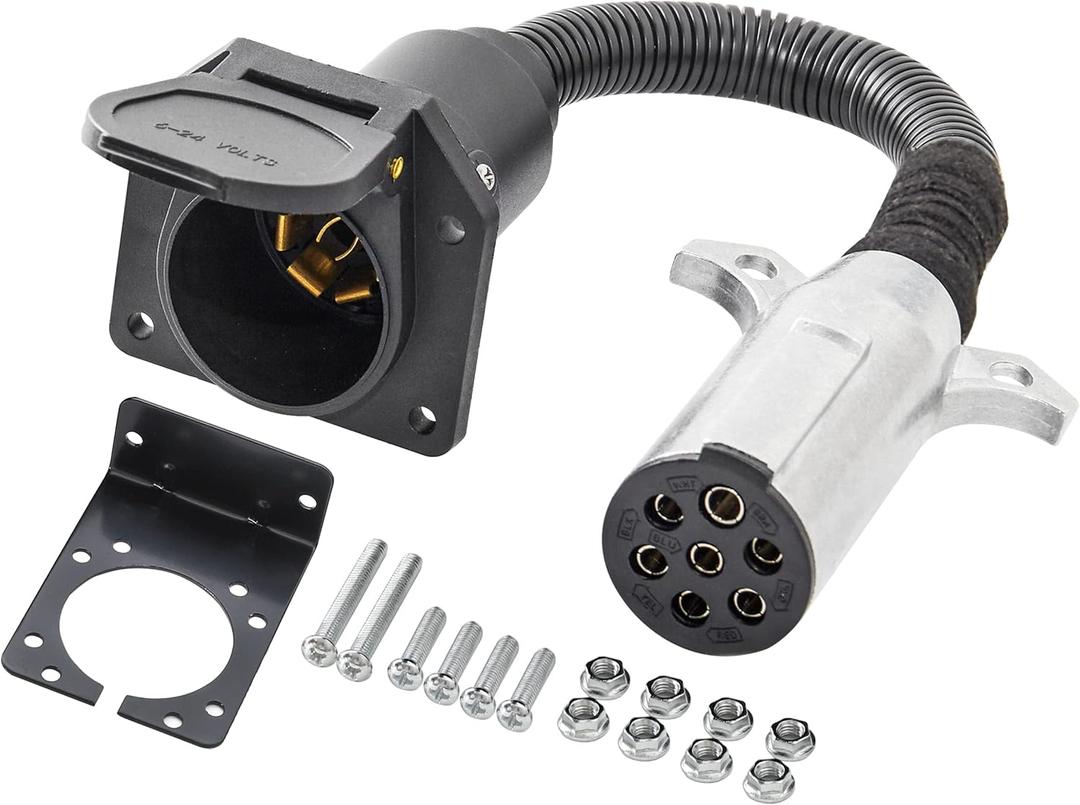 Oyviny 7 Pin Round to 7 Pin RV Trailer Adapter with Mounting Bracket, 7 Pole Round to 7 RV Blade Adapter 14 Inches Length