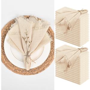 30 Packs Cotton Linen Napkins,Handmade Cloth Napkins Bulk with Fringe, Rustic Boho Napkins Cloth,Cloth Napkins for Romantic Wedding Party Event Dinner Birthday Table Decor(Beige,16 x 16 Inch)