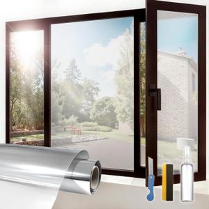 Window Privacy Film One Way Daytime Privacy Static Cling, Mirror Vinyl Roll Heat Control Anti UV Window Tint for Home and Office,Non-Adhesive Window Film,Silver, 29.5" x 78.7"