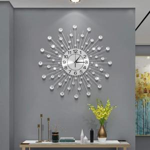 28 Inch Silver Crystal Large Modern Metal Starburst Decor, Bling Crystal Wall Clock for Kitchen Office Bedroom Living Room Decorative