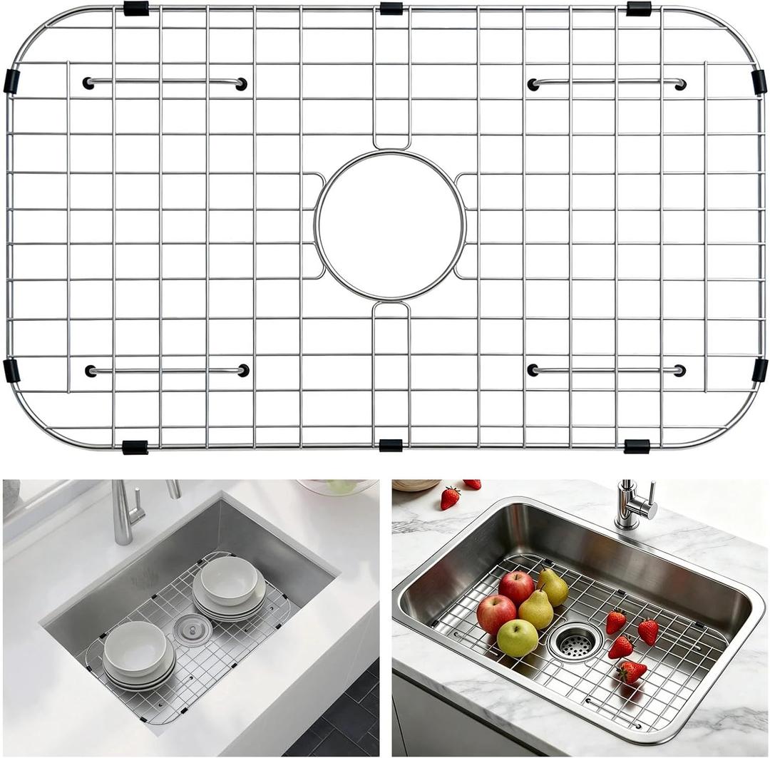 AWOKE Sink Rack for Bottom of Sink (26 x 14 Inch), Center Drain Sink Protectors for Kitchen Sink, 304 Stainless Steel Heavy Duty Metal Wire Grate for Single Bowl Farmhouse Sink Bottom, Soft Rubber Feet