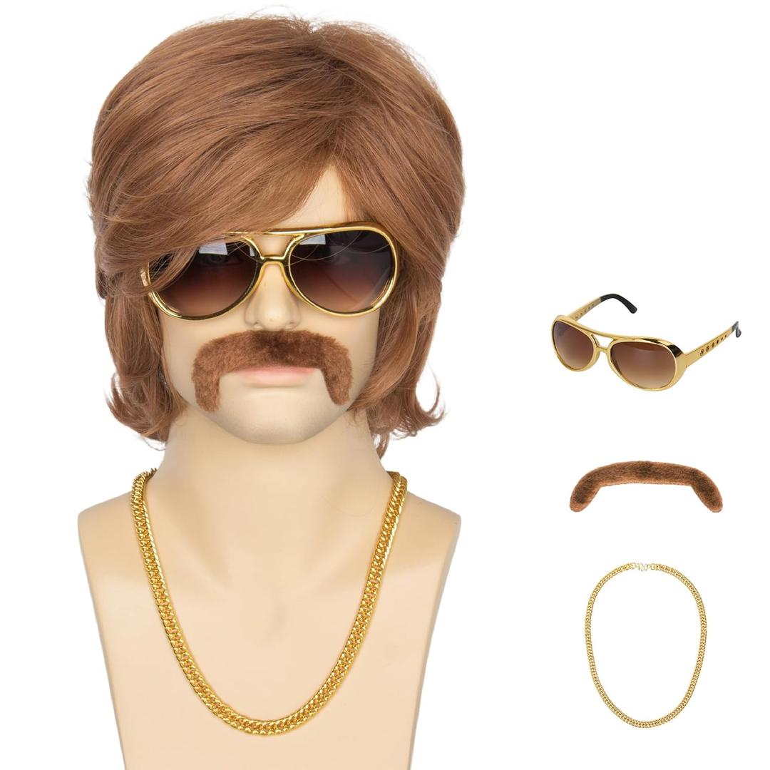 Miss U Hair Men's Brown 70s Party Wigs Mullet Halloween Wig with 70s Accessories Necklace Glasses Mustache