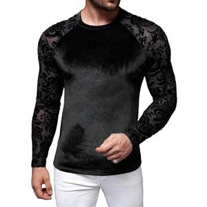 WDIRARA Men's Floral Lace Mesh Fleece Fuzzy T-Shirt Crewneck Raglan Long Sleeve Casual Tee Tops XXL