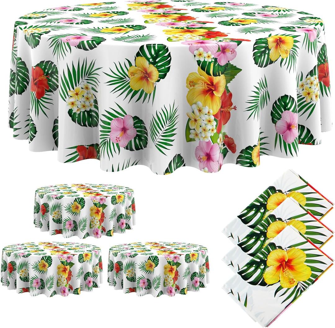 Oudain 3 Pcs Hawaiian Tablecloth 84 Inch Tropical Palm Leaves Flower Round Table Cloth Plastic Disposable Floral Circular Luau Tablecloth Waterproof Summer Table Cover for Beach Camping Picnic Party (White)