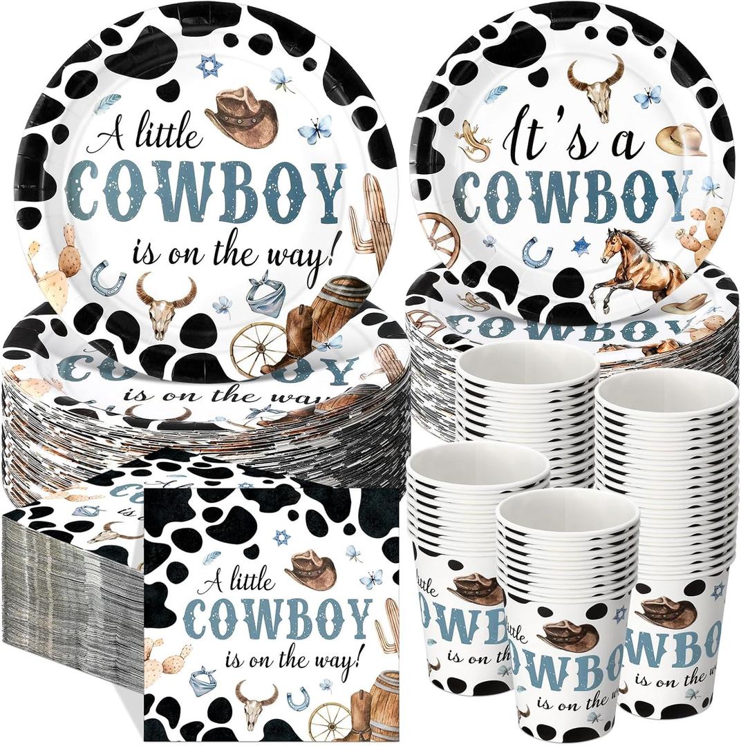 Pickmesh 250 Pcs Cowboy Baby Shower a Little Cowboy Is on the Way Party Decorations Wild Western Theme Disposable Plates Napkins Cups for Baby Shower Party Supplies Serve 50