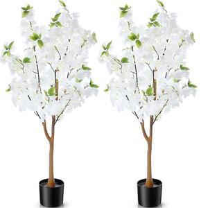Giegxin 2 Pcs Artificial Cherry Blossom Tree 3.9 FT Fake Faux Sakura Flowers Potted Plant Indoor with Plastic Nursery Pot for Home Porch Bedroom House Entryway Office Outdoor (White)