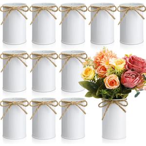 Rustic Vase for Table Centerpieces 4.33 Inch Small Petite Flower Vase with Twine Bow Vintage Farmhouse Decor for Wedding Reception Dining, Home Galvanized Metal Buckets(White,12 Pcs)