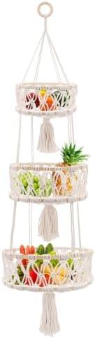 yuuzue 3 Tier Hanging Basket, Macrame Hanging Basket for Fruit and Vegetable Storage, Cotton Rope Woven Baskets for Kitchen, Decorative Boho Decor Hanging Plant Holder