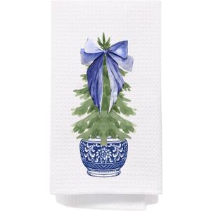Chinoiserie Christmas Tree Hand Towels, Blue and White Porcelain - 16x24 Inch, Bathroom and Kitchen Decor