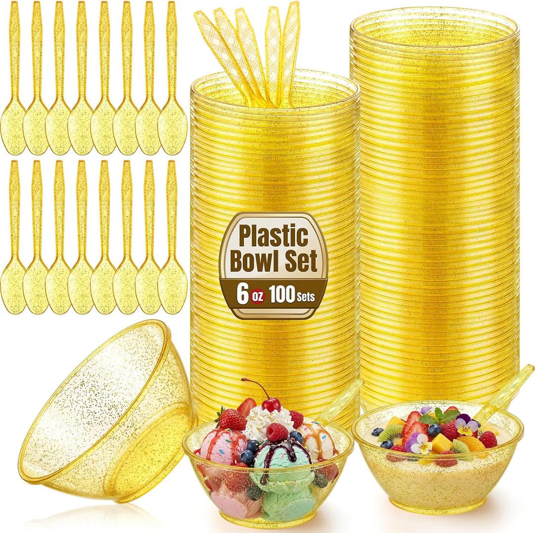 Eaasty 100 Sets Gold Glitter Plastic Bowls and Spoons 6oz Disposable Gold Bowls for Ice Cream, Candy, Soup, Salsa, Fruit,Heavy Duty Serving Sets for Party Birthday Wedding Supplies