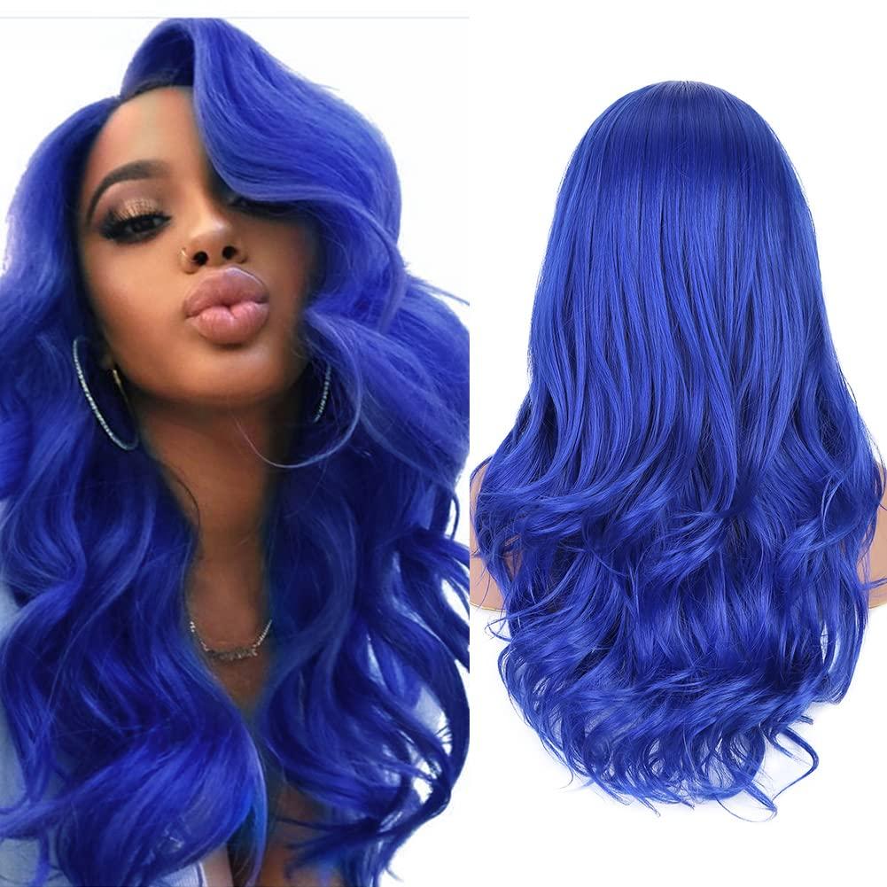 Fancy Hair Long Blue Wavy Wigs for Women Curly Middle Part Blue Wig Natural Looking Synthetic Heat Resistant Fiber Wigs Hair for Daily Party Halloween Use (Dark Blue)