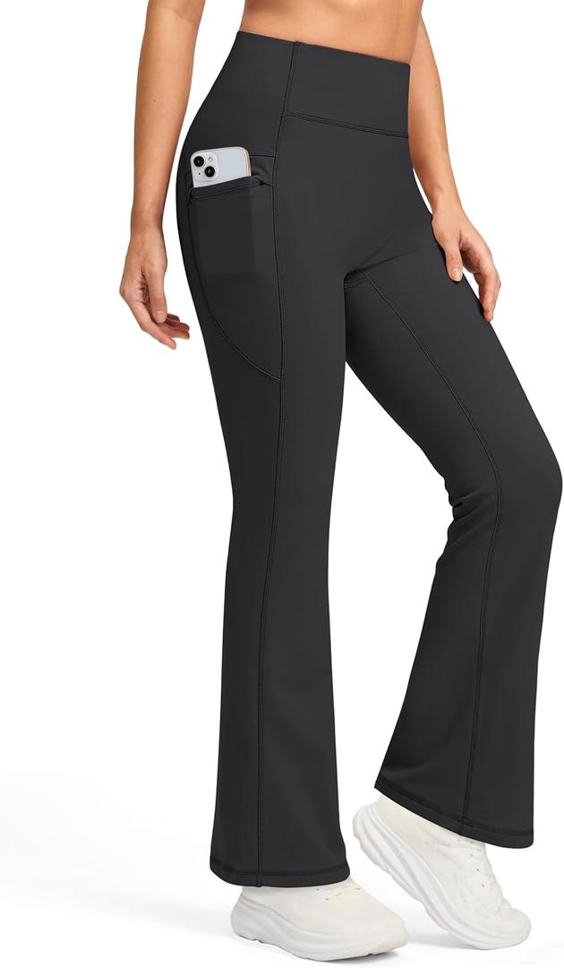 Women's Fleece Lined Pants with Pockets High Waist Thermal Flare Leggings Hiking Yoga Pants for Winter Cold Weather (Black)