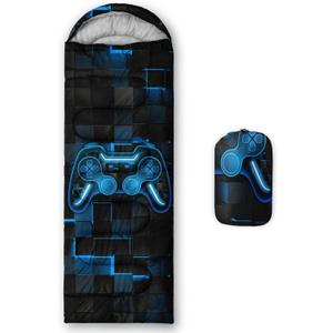 Axolotl Gamepad Sleeping Bag,3 Season Warm and Cool Weather Game Console Sleeping Bag for Boys Teens,Waterproof Lightweight Geometry Hexagonal Sleeping Bag for Traveling,Outdoors Camping,Blue,Black